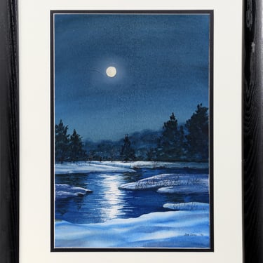 Moonlight Lake Watercolor Painting 1996 by Joe Dunn Snowy Landscape 
