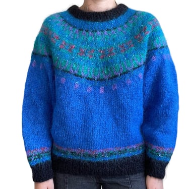 Vintage 80s Icelandic Design Hand Knit Mohair Fluffy Wool Fair Isle Sweater Sz M 