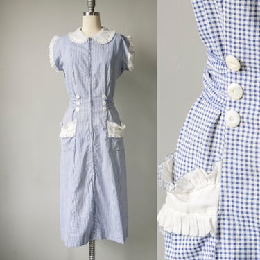 1930s Dress Cotton Gingham Blue M 