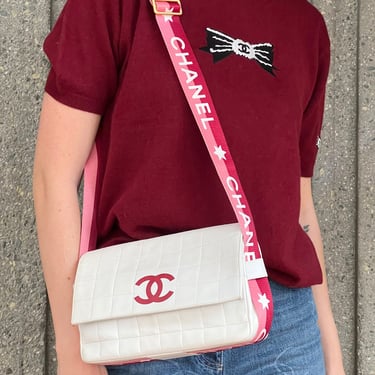 Vintage CHANEL CC Monogram Letters Webbing Belt Strap Chocolate Bar Leather Crossbody Shoulder Clutch Bag - RARE! Pink Red White 