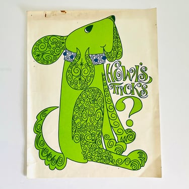 Vintage 1970s Retro Graphic Art Print Illustration Green Dog Howl's Tricks Love Note 
