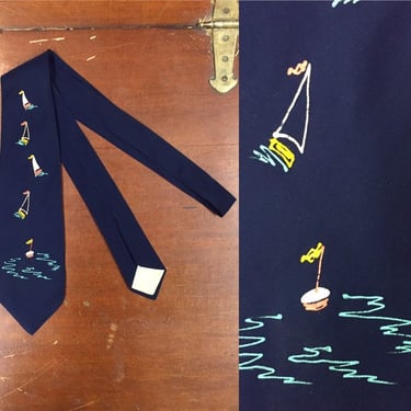 Vintage 1940s, Adriaan Of California, Hand Painted Swing Tie, Nautical Print, 1940s Tie, 1950s Tie, Vintage Tie, Vintage Clothing, Lined 