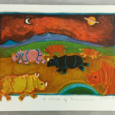 Mid Century Modern Unframed Crash of Rhinoceroses Judith Bledsoe Signed Litho 