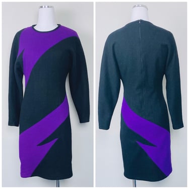 1980s Vintage Wool Purple and Black Lightning Bolt Dress / 80s / Eighties Color Block Wiggle Dress / Size Small/Medium 