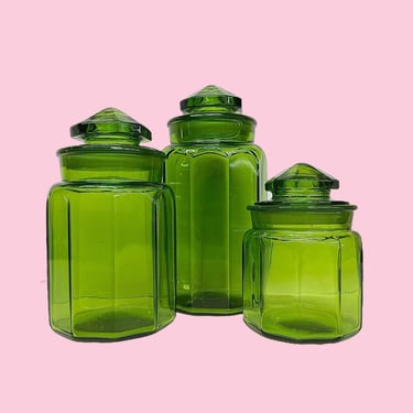 Vintage L.E. Smith Canister Set Retro 1960s Mid Century Modern + Green Glass + 10 Panel + Set of 3 + With Lids + Kitchen Storage + MCM Decor 