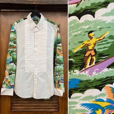 Vintage 1960’s Hawaiian Tropical Pop Art Cotton Tuxedo Pleated Shirt, 60’s Dress Shirt, Vintage Clothing 