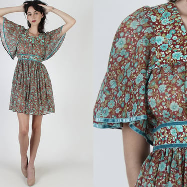 70s Bright Floral Dress / Sheer Angel Bell Sleeve / Cottagecore Mini / 1970s Vintage 70s Kimono Festival Mini Dress 