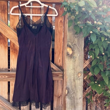 Vintage 70s Deena Distressed Black Lace Trim Silky Fitted Mini Slip Dress 