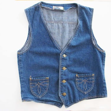 Vintage 70s Denim Vest M L -  Blue Jean V Neck Button Front Waist Coat 