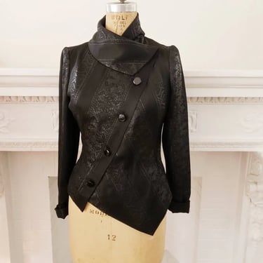 90s Jacques Fath Blazer Black Lurex Brocade Asymmetrical Closure / 90s Designer Evening Jacket Dressy Party RARE / M 