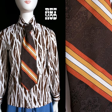 Fun Vintage 70s Brown Orange Rainbow Stripe Tie 