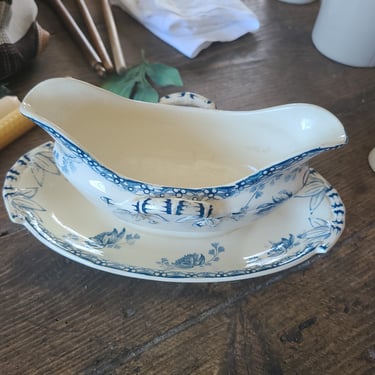 antique french Sarreguemines transferware gravy boat i