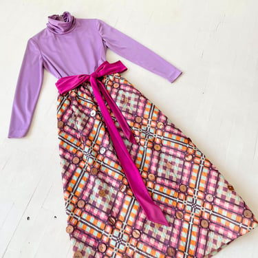 1970s Purple Patterned Paillette Maxi Dress 