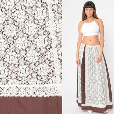 Long Lace Skirt 70s Maxi Prairie Skirt Brown White Boho Floral High Waisted Full Bohemian Girly Hippie Victorian Vintage 1970s Medium Large 