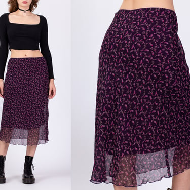 90s Purple Floral Grunge Midi Skirt - Small to Medium | Vintage Lettuce Hem High Waisted Bias Cut Flowy Slip Skirt 