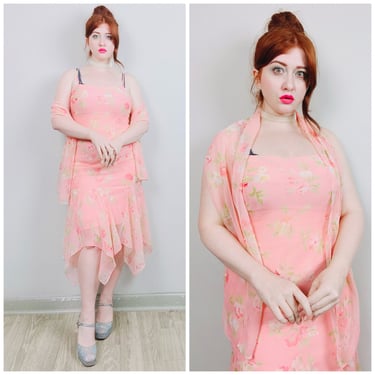 1990s Vintage Peach Poly Chiffon Bias Cut Dress / 90s / Nineties Ruffled Hanky Hem Floral Dress With Scarf / Medium 