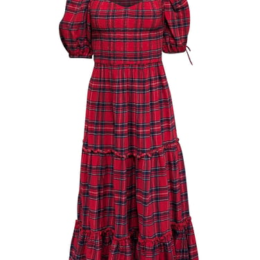 Jessakae - Red & Navy Plaid Cotton Puff Sleeve Midi Dress Sz XXS