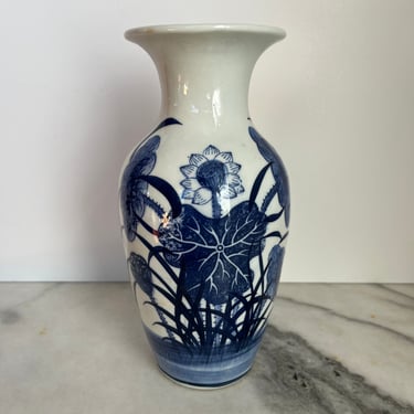 Blue & White Chinoiserie Vase Water Lily Blue White Decor Asian Vase 