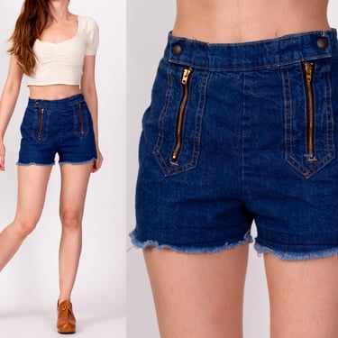 70s Zippered Dark Wash Jean Shorts Petite Extra Small, 24" | Vintage High Waisted Cotton Denim Cutoff Shorts 