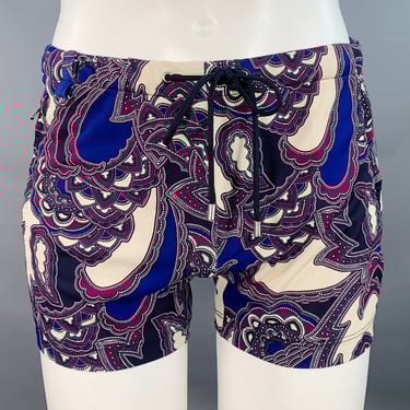 MR TURK Size M Cream Purple Paisley Polyester Blend Drawstring Swim Trunks