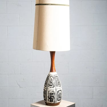 Mid Century Modern Table Lamp Abstract Ceramic Pottery White Black Round Wood