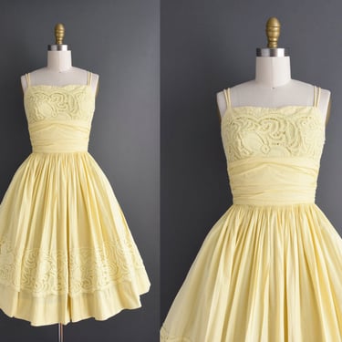 1950s dress | Gay Gibson Buttercup Yellow Cotton Full Skirt Summer Sun Dress | XS | 50s vintage dress 