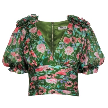 Amur - Green & Pink Floral Ruched Short Sleeve Top Sz S