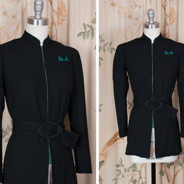 1930s Blouse - The Sheila Blouse -  Vintage 30s Tailored Black Wool Zip Front Sportswear Blouse with Green Accents 