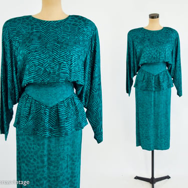 1980s Green Silk Print Top & Skirt Set | 80s  Emerald Green Silk Skirt Blouse Set | Nora Noh | Medium 
