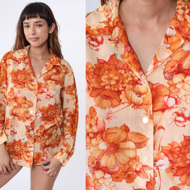 Orange Floral Blouse 70s Button Up Top Dagger Collar Bohemian Long Sleeve Collared Shirt Flower Print Vintage 1970s Extra Large xl 