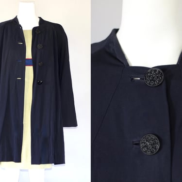 1940s Draped Navy Blue Rayon Swing Coat - Vintage Single Breasted Trapeze Coat - XL 