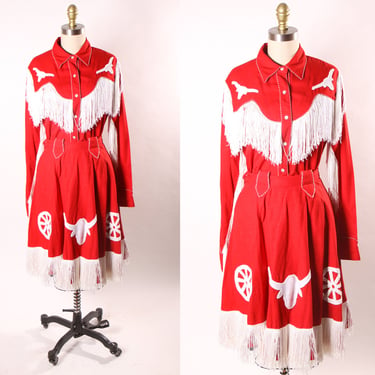 2000s Y2K Red White Novelty Western Cowgirl Steer Fringe Pearl Snap Shirt with Matching Wagon Wheel Skirt Two Piece Set by Panhandle Slim -S 