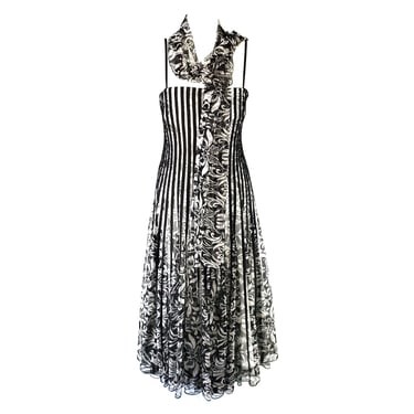 Cache Formal Dress Prom Striped Black White Layered Mesh Floral Spaghetti Strap Scarf 12 