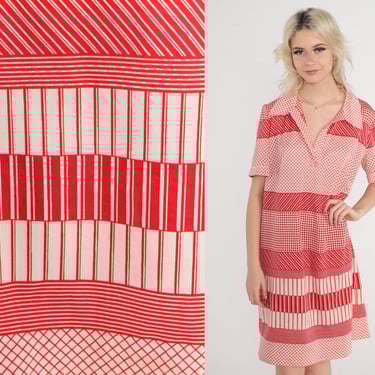 70s Mini Dress Red Checkered Striped Dress Polka Dot Shift Mod Boho Hippie Dress Vintage 1970s Short Sleeve Minidress White Medium Large 