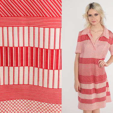 70s Mini Dress Red Checkered Striped Dress Polka Dot Shift Mod Boho Hippie Dress Vintage 1970s Short Sleeve Minidress White Medium Large 