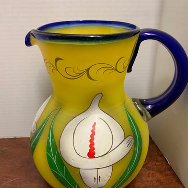 Hand Painted Mexican Glass Pitcher 