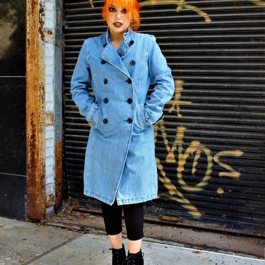 90s Tommy Hilfiger, Hilfiger Jacket, Blue Denim Jeans Coat, Double Breasted, Small Women 