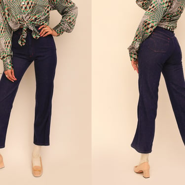 Vintage 1970s High Waisted Dark Denim Flared Jeans Pants Trousers w/ Orange Stitching 