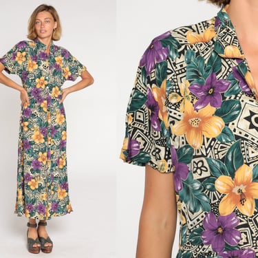 Tropical Floral Maxi Dress 90s Button Up Shirtwaist Dress Retro Boho Day Dress Grunge Hippie Short Sleeve Vintage 1990s Yellow Small S 6 