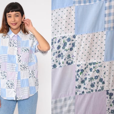 90s Patchwork Blouse Pastel Checkered Floral Button Up Short Sleeve Polka Dot Baby Blue Lavender Purple White Blouse Cotton Oversized Small 