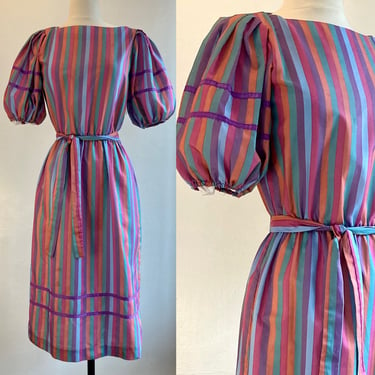 Cute Vintage 80s STRIPED PUFF SLEEVE Dress / Circus Stripes + Ribbon Trim 