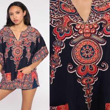 Boho Dashiki Caftan Top Navy Blue African Blouse Boho Hippie Cotton Shirt Bell Sleeve Shirt Bohemian Festival Shirt Large L 