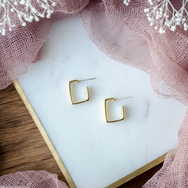 gold square hoop earrings, small dainty 18k gold hoops, geometric gold earrings, modern gift for her 