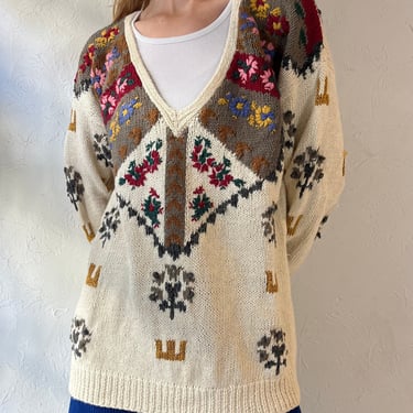 90s 'Express' Floral Knit V Neck Sweater / Medium 