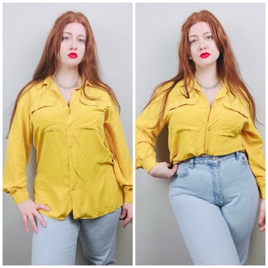 1990s Vintage Liz Claiborne Mustard Silk Blouse / 90s / Nineties Front Pocket Yellow Shirt / Size Large 