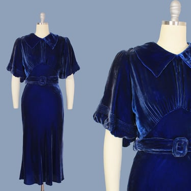 1930s Dress / 30s 40s Blue Silk Velvet Dress / Puffed Short Sleeves / Collar / Empire Waist / Belted 