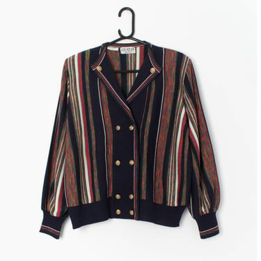 80s striped cardigan in blue, red and green with gold double-button detail by Grazia, made in Italy - Large 