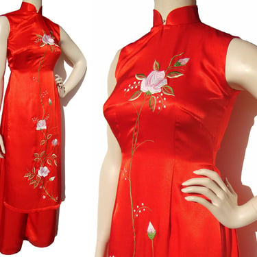 Vintage Red Silk Ao Dai Vietnamese Dress & Trousers Set S XS 