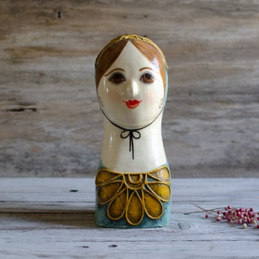 Vintage Gemma Taccogna Paper Maché Girl Turquoise Color Flowered Bonnet Made in Mexico - Mid Century 