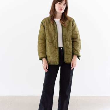 Vintage Green Liner Jacket | Unisex Wavy Quilted Nylon Coat | S | LI204 